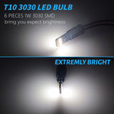 Ultra Bright T10 LED Bulb 6000K White 2 Side Lighting 12V 3030 6-SMD CANBUS Error Free 194 168 W5W for Car Interior Dome Map Door License Plate Light